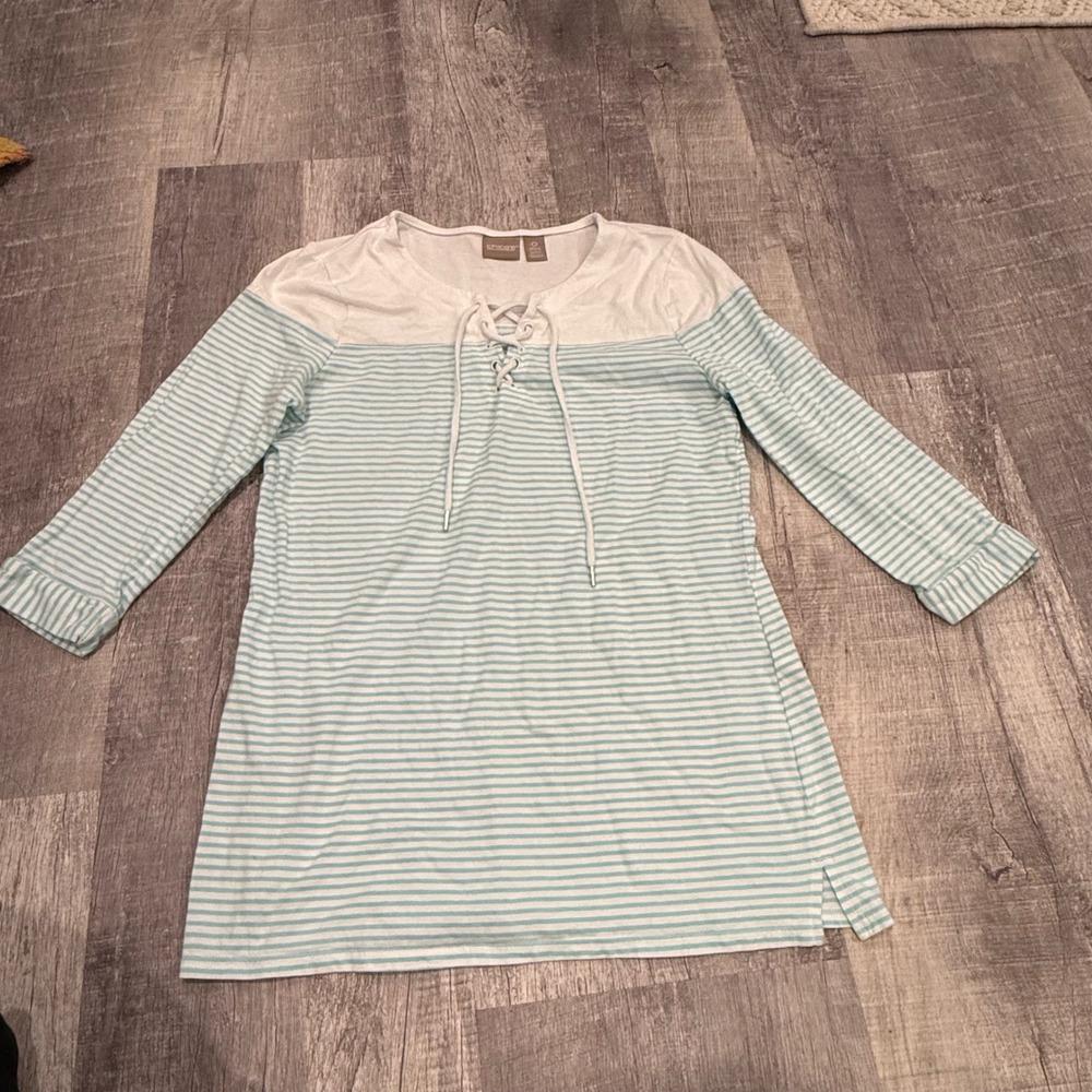 Chicos Striped Lace Up Tunic Top Blue White Size 0 Small Cotton Modal Nautical